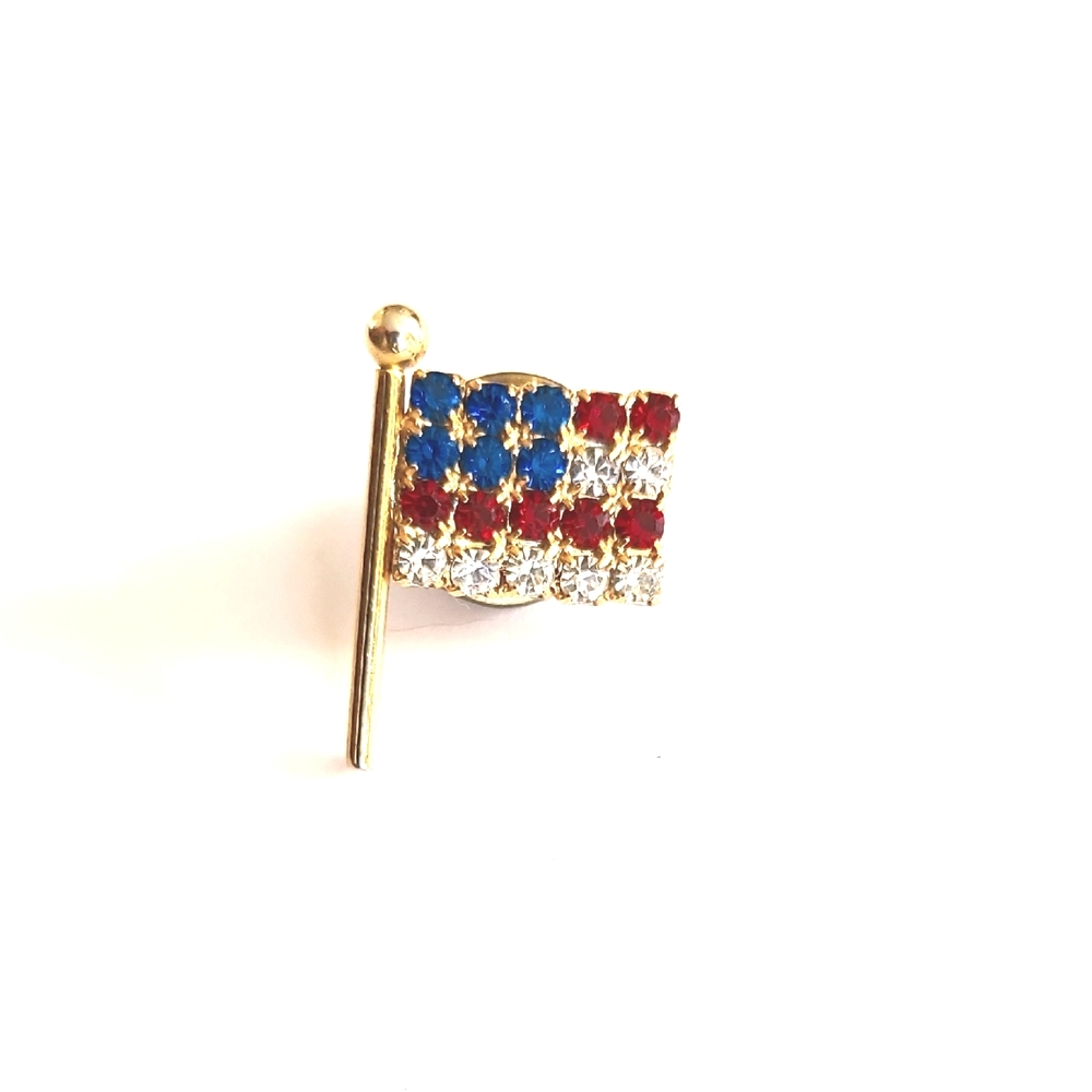 Gold American Flag Pin with Red, Blue, and White Crystals